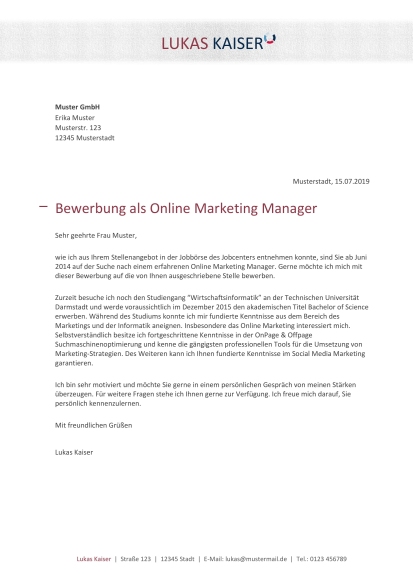 Bewerbungsmuster Online Marketing Manager/in
