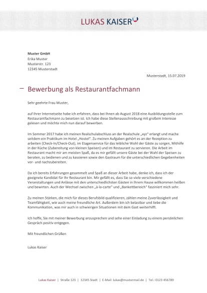 Bewerbungsmuster Restaurantfachmann/-frau