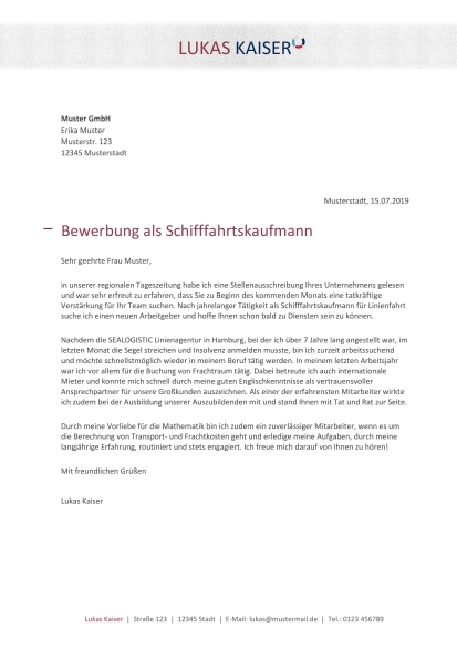Bewerbungsmuster Schifffahrtskaufmann/-frau