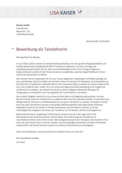 Bewerbungsmuster Tanzlehrer/-in
